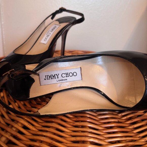 Jimmy Choo London Black Patent Leather Slingback Heels Size 38 - Picture 2 of 7